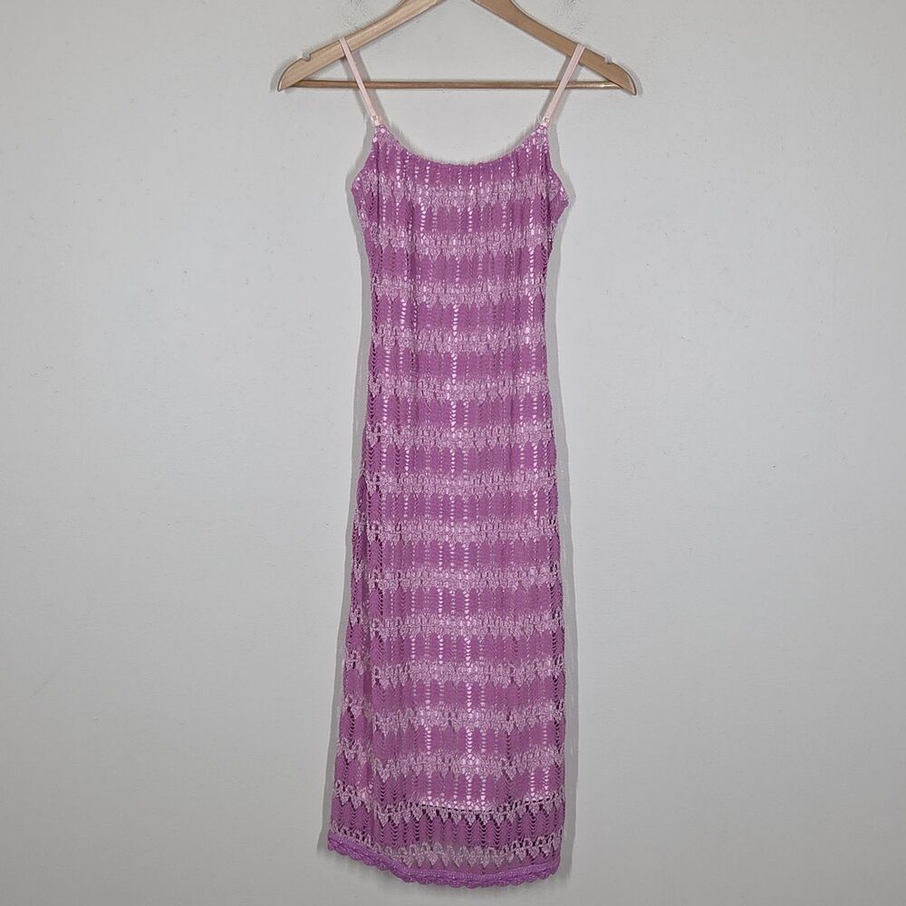 Vtg 90s Y2K Bisou Bisou Pink Crochet Knit Midi Slip Dress S Boho Festival Fairy
